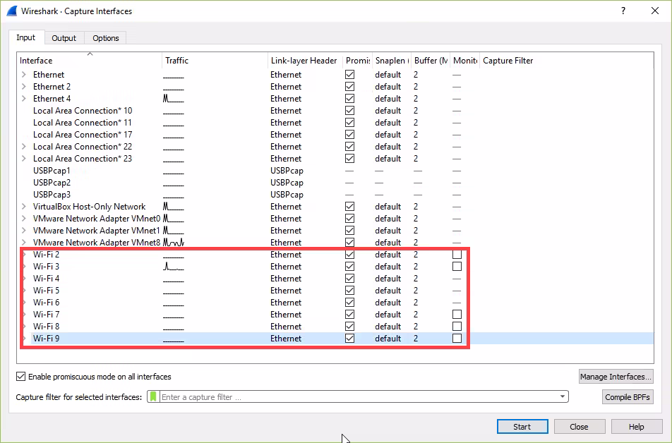 Cómo auditar redes WiFi en Windows: guía práctica con herramientas modernas Wireshark mostrando interfaces WiFi disponibles para captura en modo monitor