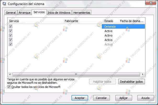 Configuración del sistema Servicios