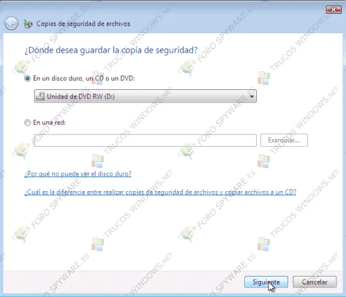 Elegir donde almacenar la copia de seguridad
