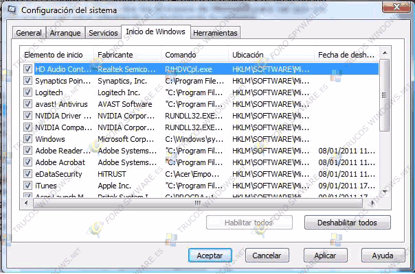 Configuración del sistema Inicio Windows