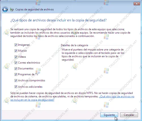 seleccionar tipos de archivos incluir en la copia de seguridad