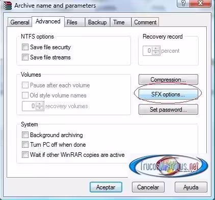 opciones del Archivo autoextraíble