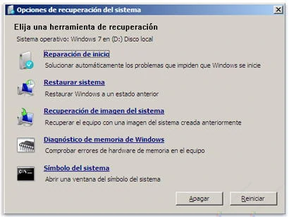 Opciones recuperación sistema Windows 7
