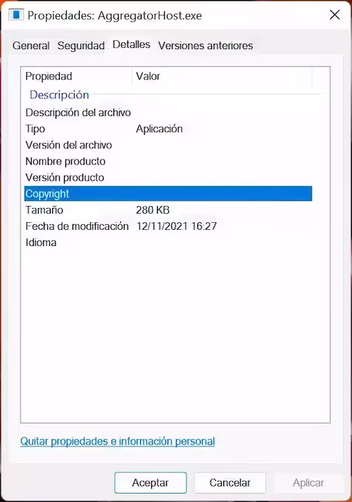 Propiedades AggregatorHost.exe sin Copyright