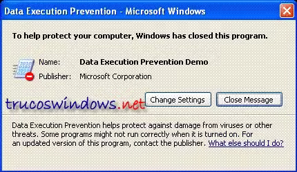 Figura 4   Cuadro de diálogo que se muestra si una aplicación intenta ejecutarse y tiene un problema con DEP