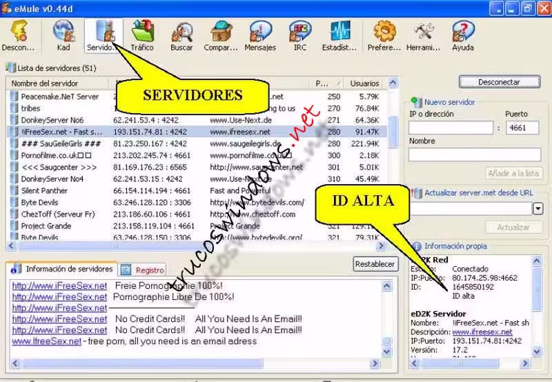 Pestaña Servidores para eMule