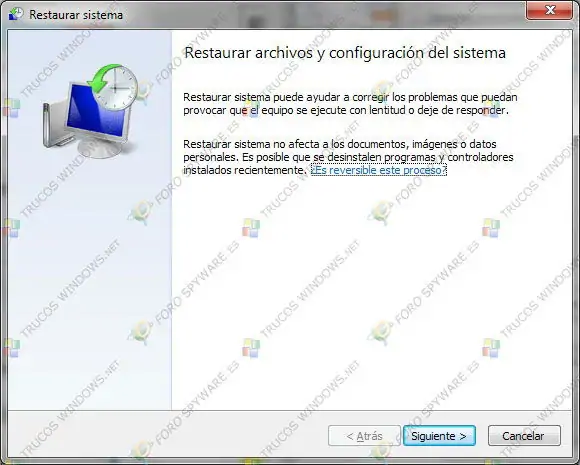 Restaurar archivos y configuración del sistema en Windows 7