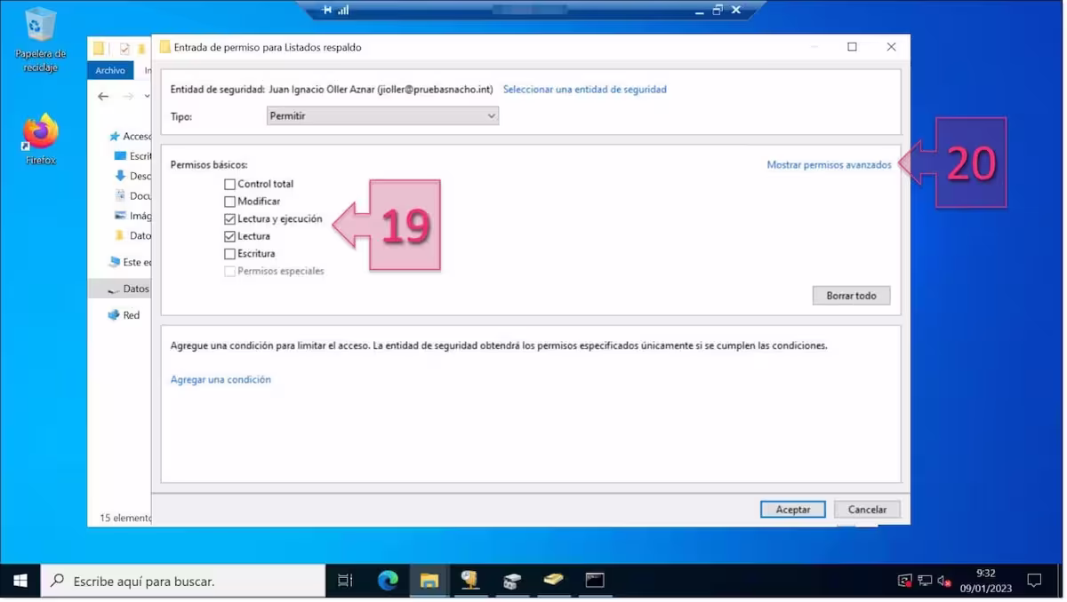 Configuración de permisos NTFS: Revisamos los permisos que queremos aplicar