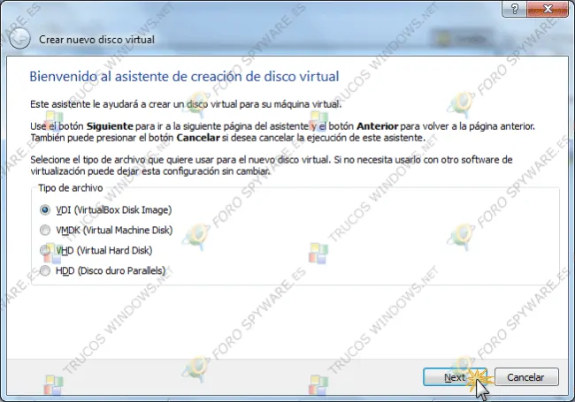 Asistente crear nuevo disco duro virtual - VirtualBox