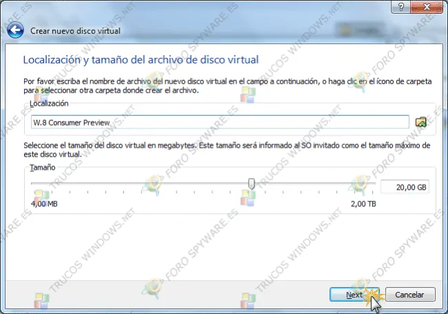 Localización y  tamaño de archivo de disco virtual - VirtualBox
