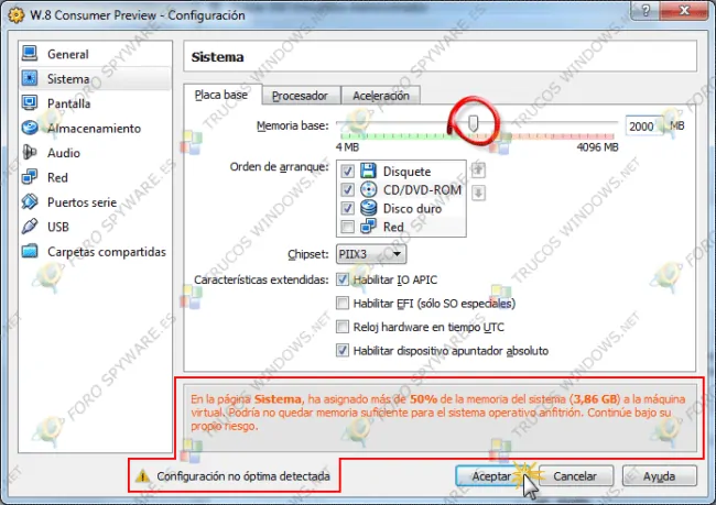 Aviso memoria en configuración sistema operativo VirtualBox