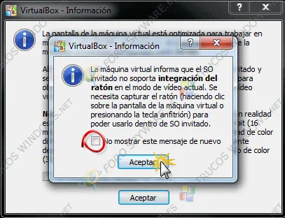 Aviso de VirtualBox integración del ratón