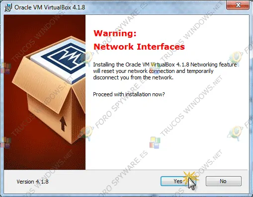 Manual instalación de VirtualBox - Aviso desconexión red