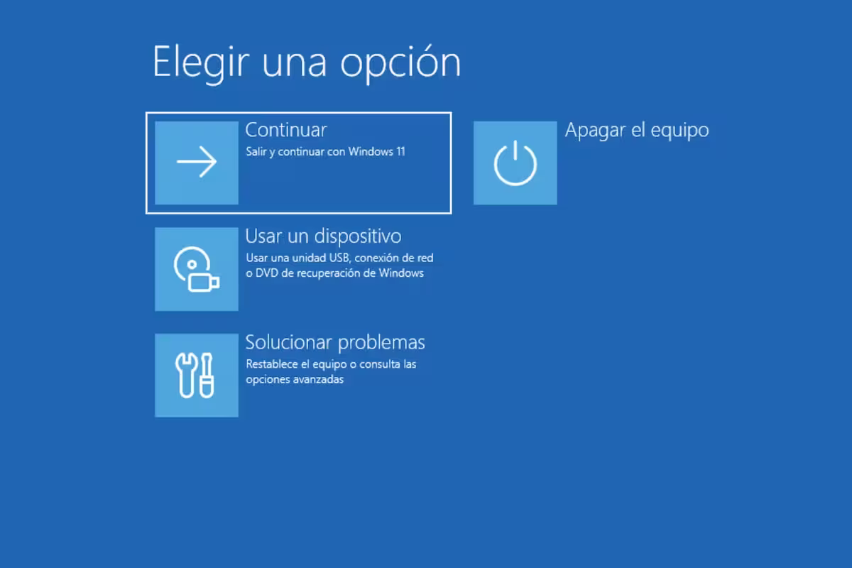 Menú principal de Windows RE: Elegir una opción