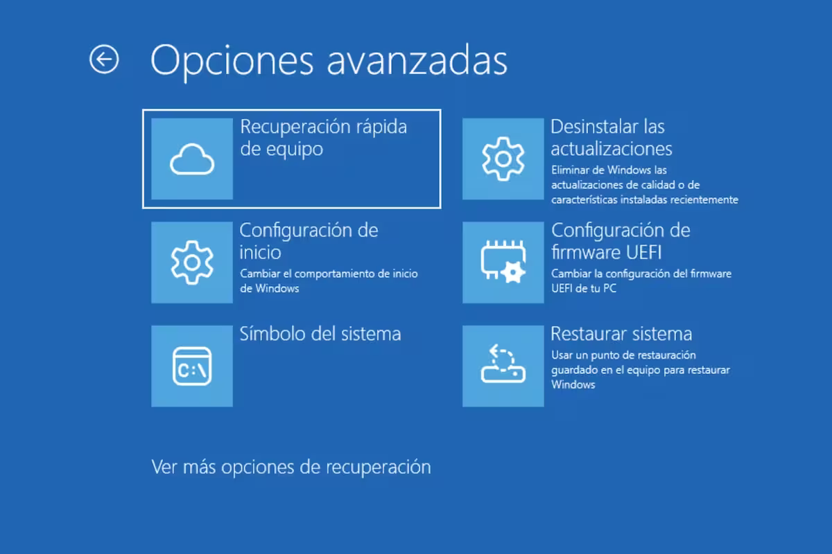 Pantalla de Opciones avanzadas de Windows RE