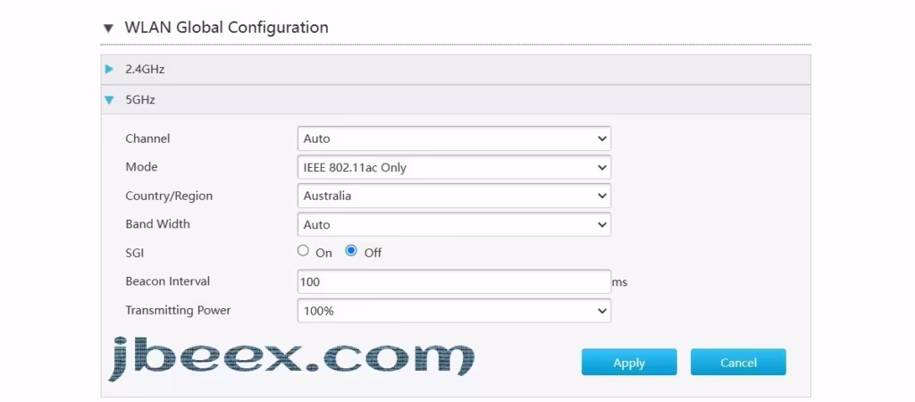 Manual ZTE ZXHN F6705: Configuración completa de WiFi 7 y panel de administración Imagen de la pantalla de configuración de la banda 5 GHz con opciones de ancho de canal y seguridad WPA3 Router WiFi 7 Zte F6705