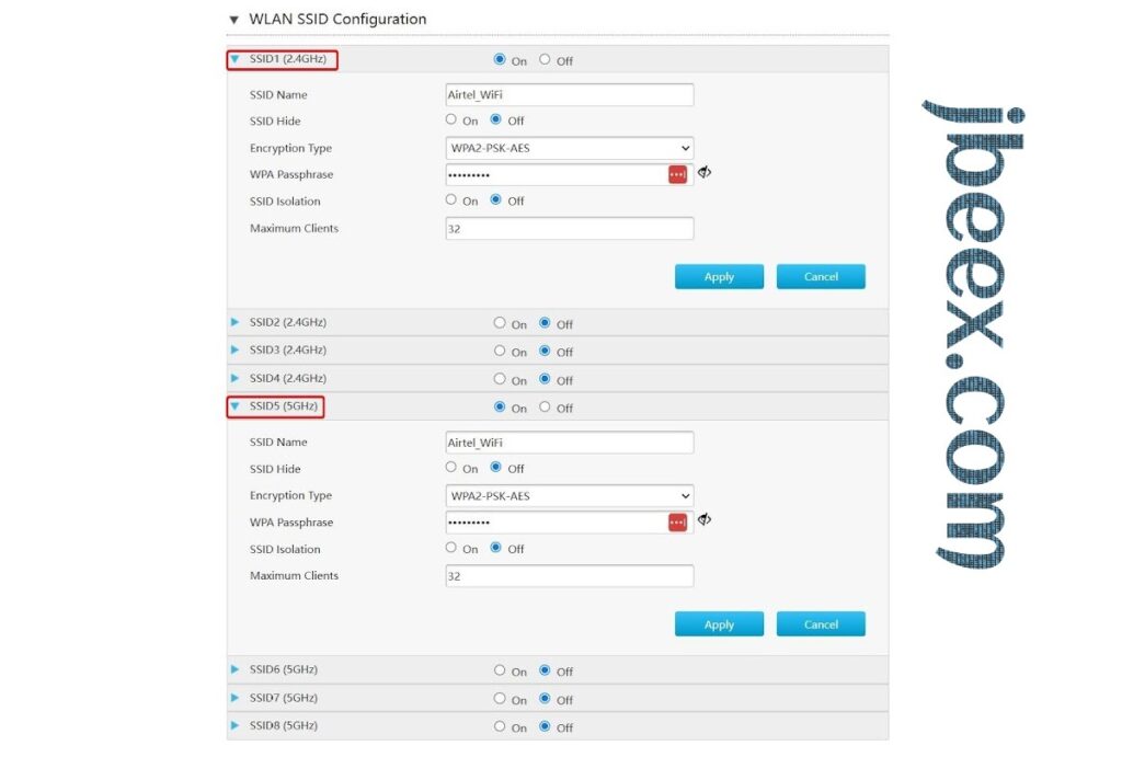 Imagen de la pantalla de configuración de la banda 5 GHz con opciones de ancho de canal y seguridad WPA3 Router WiFi 7 Zte F6705