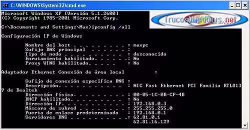 Consola comandos - ipconfig /all