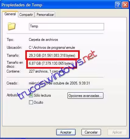 Temp espacio en las descargas del emule