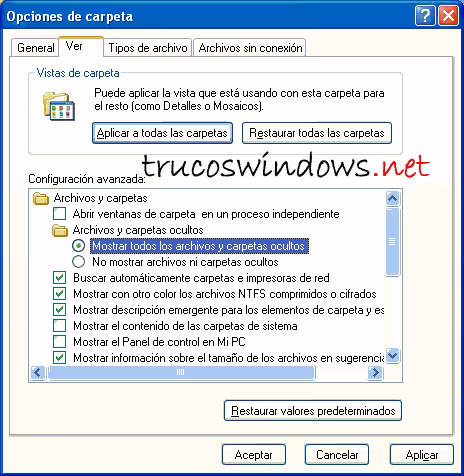 Opciones de carpeta - Ver - Mostrar todos los archivos y carpetas ocultos Opciones de carpeta - Ver - Mostrar todos los archivos y carpetas ocultos