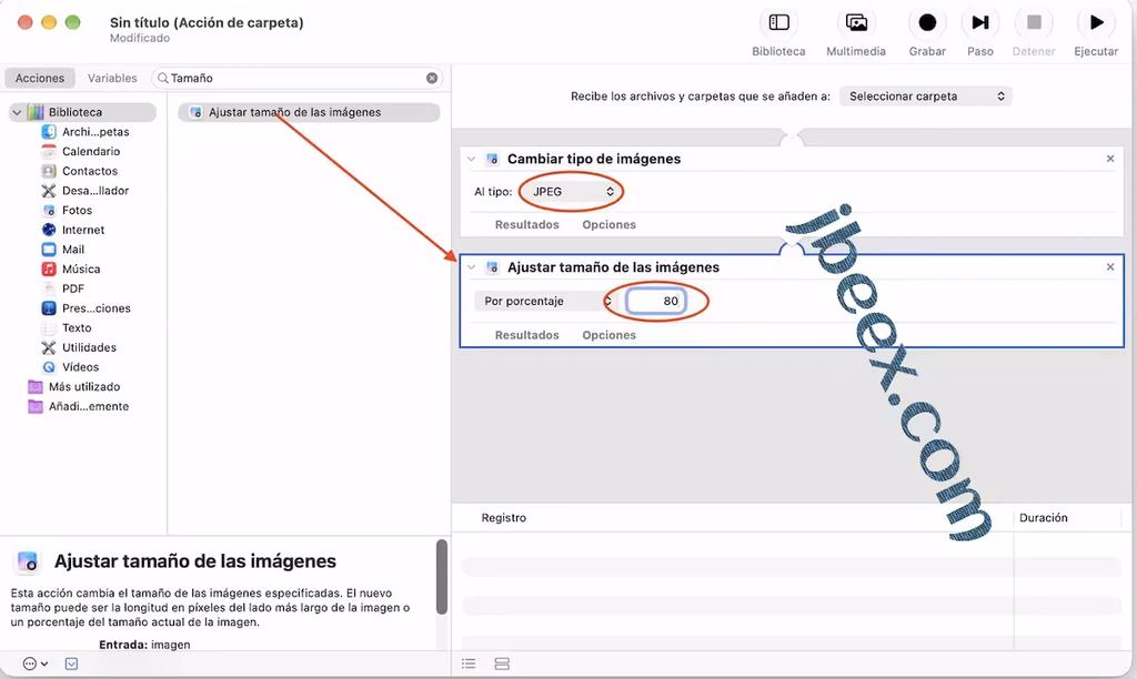 Acciones Cambiar tipo de imágenes y Ajustar tamaño de las imágenes configuradas en Automator, con JPEG y 80 % de porcentaje