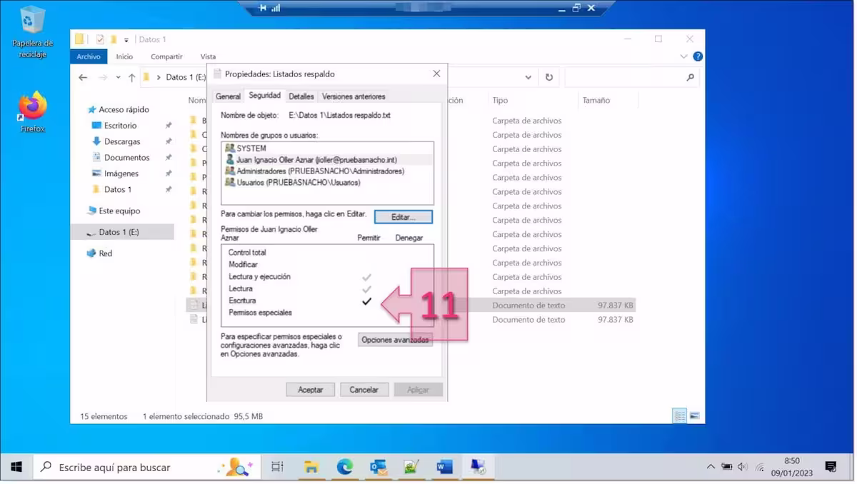 Configuración de permisos NTFS: Validamos que los cambios se muestran en la pestaña de seguridad