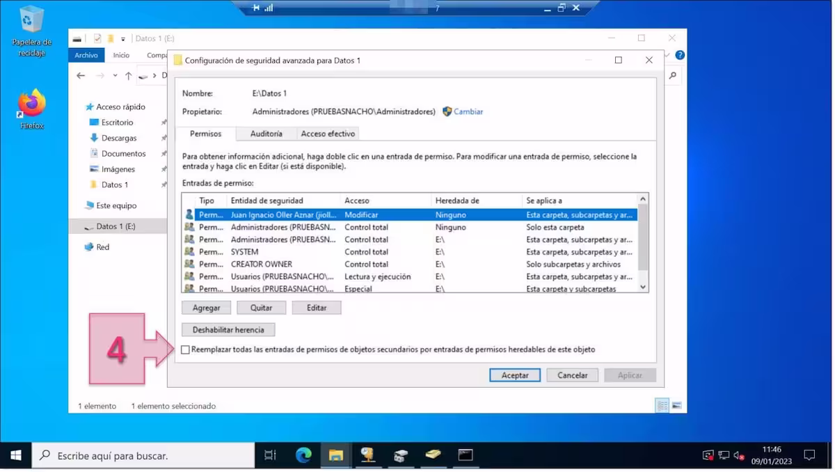 Configuración de permisos NTFS: Seleccionamos el checkbox de reemplazar la herencia