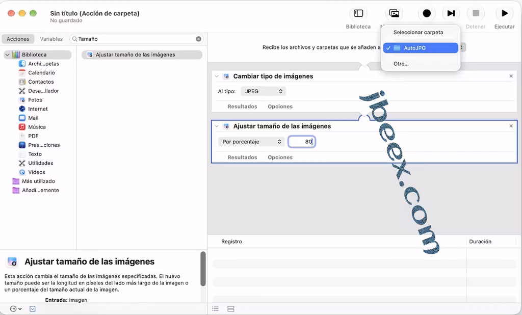 Selector desplegable de la carpeta que activa la acción de carpeta en Automator