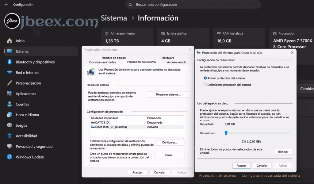 Ajustar el espacio reservado para la restauración en Windows 11