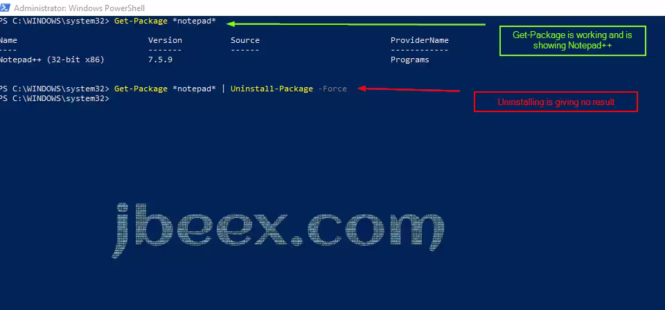 Imagen de cómo eliminar referencias a un programa mal desinstalado desde PowerShell