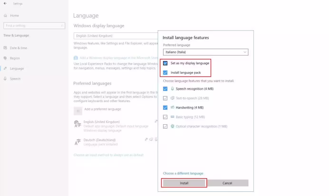 Imagen: Instalar características de idioma en Windows 10