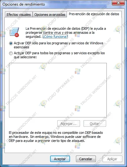 Desactivar DEP en Windows Vista