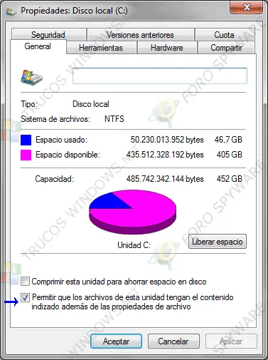 desactivar indizado archivos windows 7