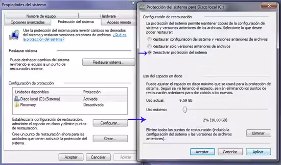 desactivar restaurar sistema windows 7