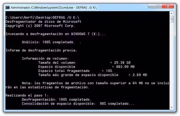desfragmentar una unidad o disco usando comandos