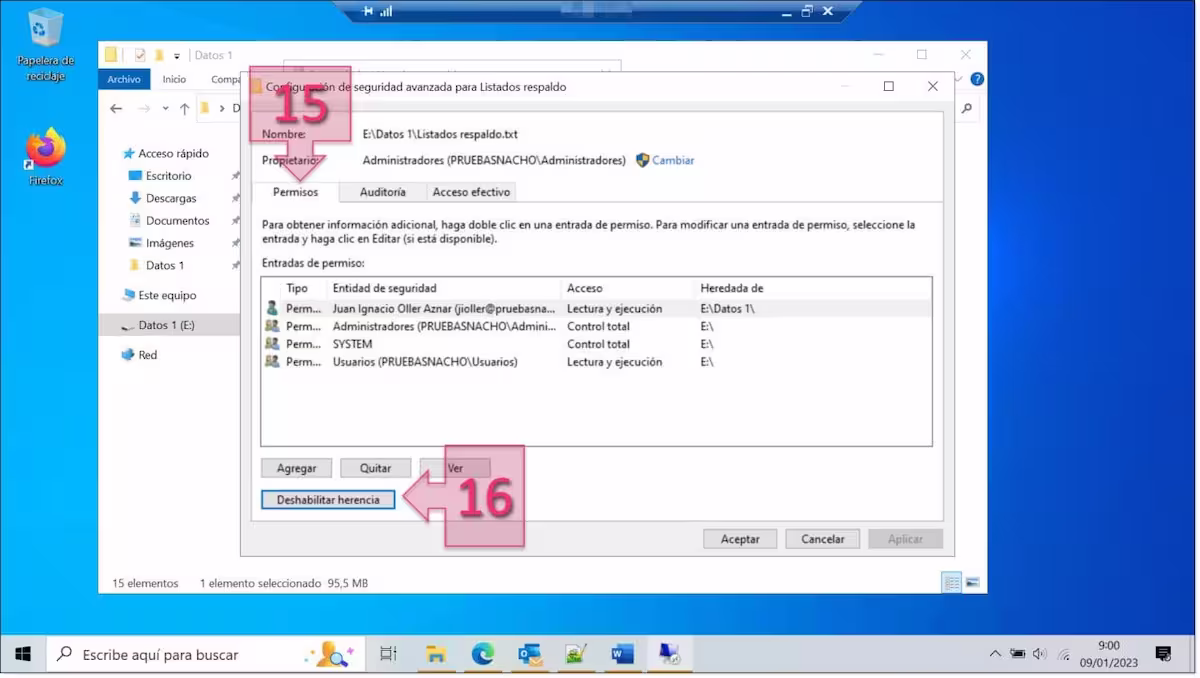 Configuración de permisos NTFS: Seleccionamos deshabilitar la herencia del archivo