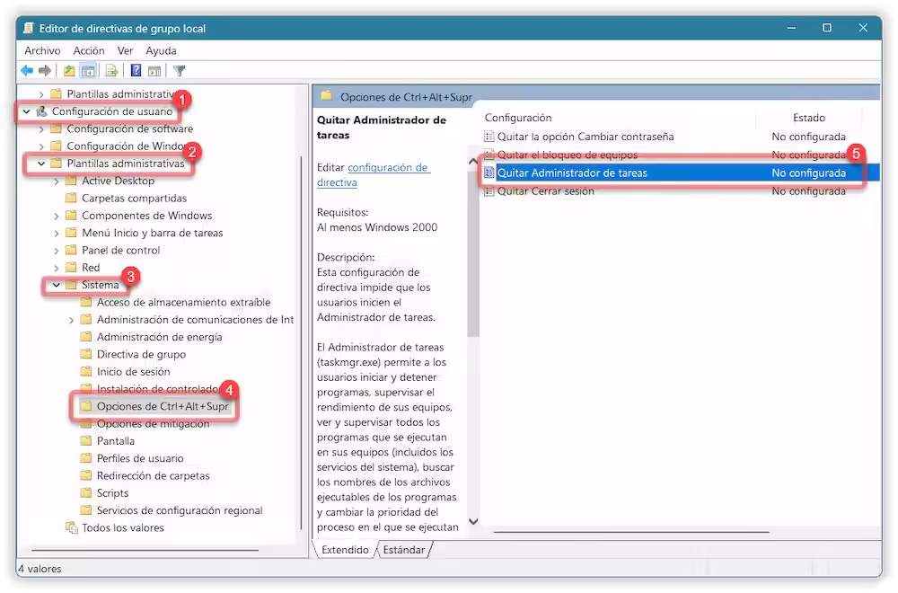Editor directivas de grupo local - Quitar Administrador de tareas