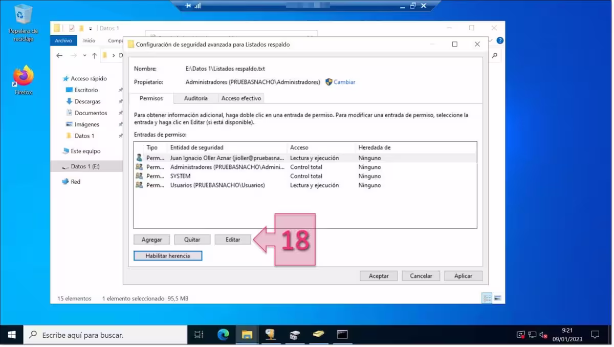 Configuración de permisos NTFS:  Observamos que se han eliminado las herencias