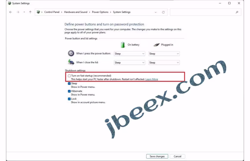 Casilla Activar inicio rápido en las Opciones de energía de Windows