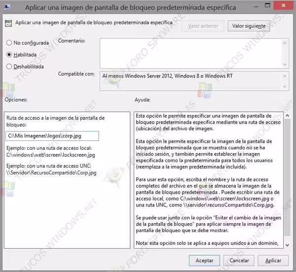 Aplicar una imagen de pantalla de bloqueo predeterminado