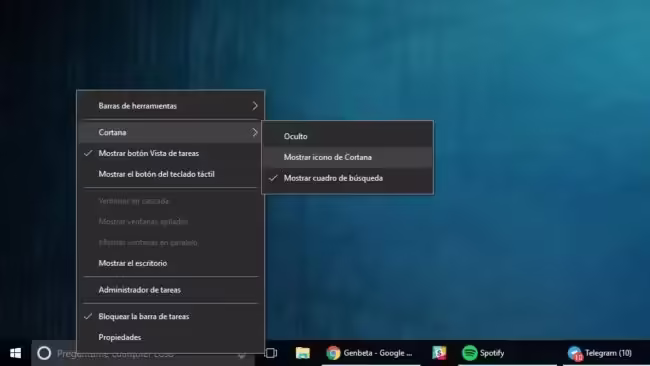 Oculta el cuadro de búsqueda de Cortana