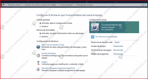 Control actividades usuario