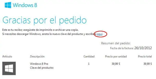 Correo confirmación compra Windows 8