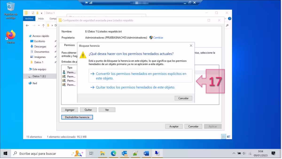 Configuración de permisos NTFS: Decidimos que queremos hacer con los permisos heredados