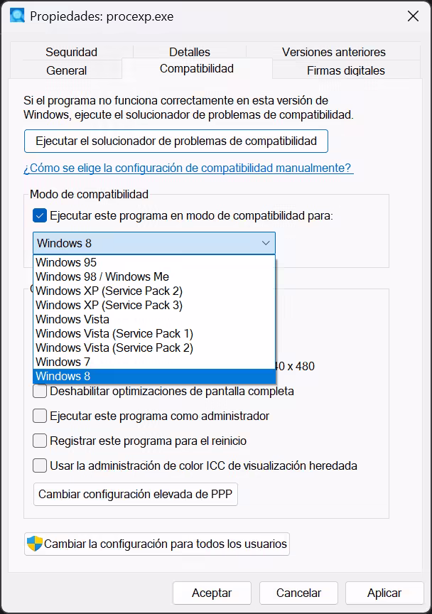 Pestaña Compatibilidad con versiones anteriores Windows Pestaña Compatibilidad con versiones anteriores Windows