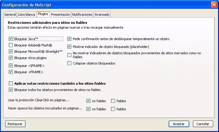 Configurar NoScript pestaña Plugins