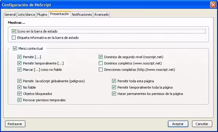 Configurar NoScript pestaña Presentacion