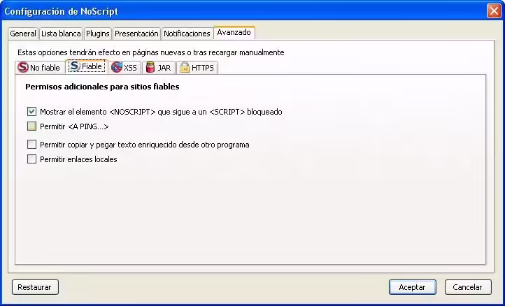 Configurar NoScript pestaña Avanzado