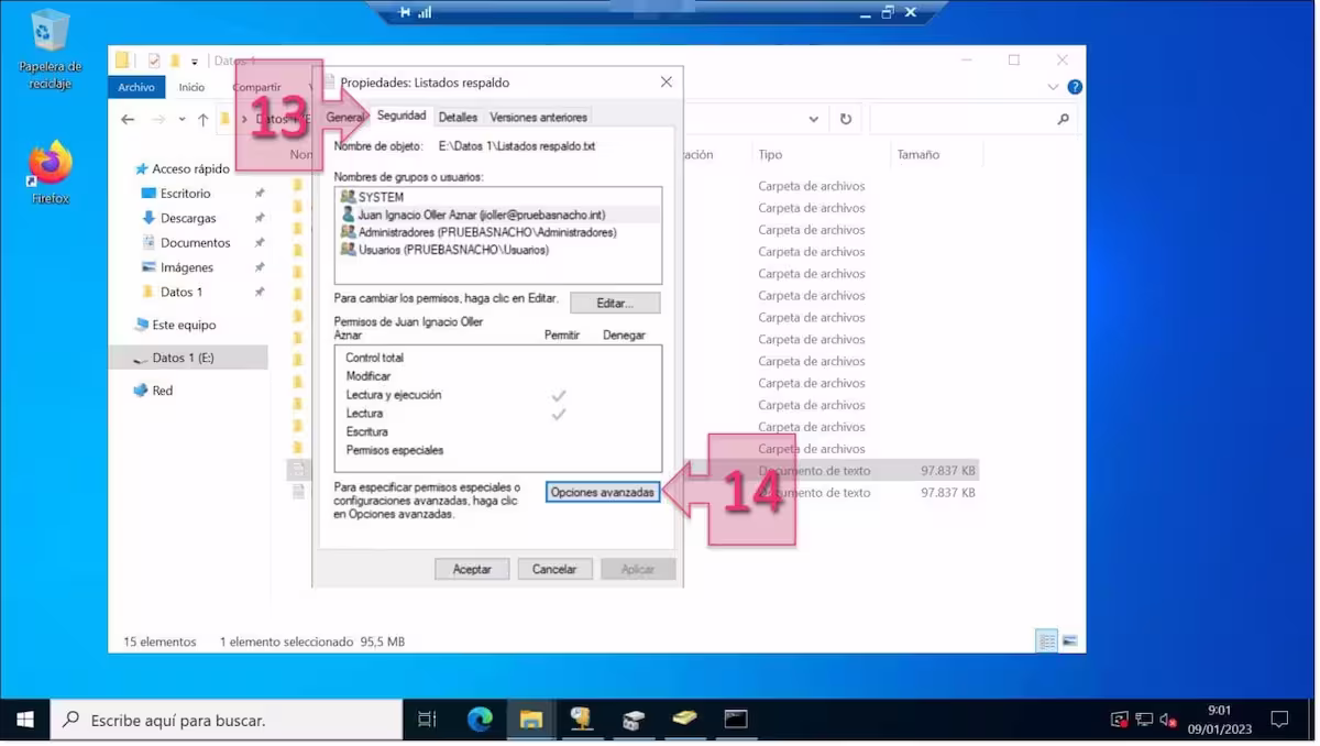 Configuración de permisos NTFS: Seleccionamos las opciones avanzadas de seguridad para este archivo