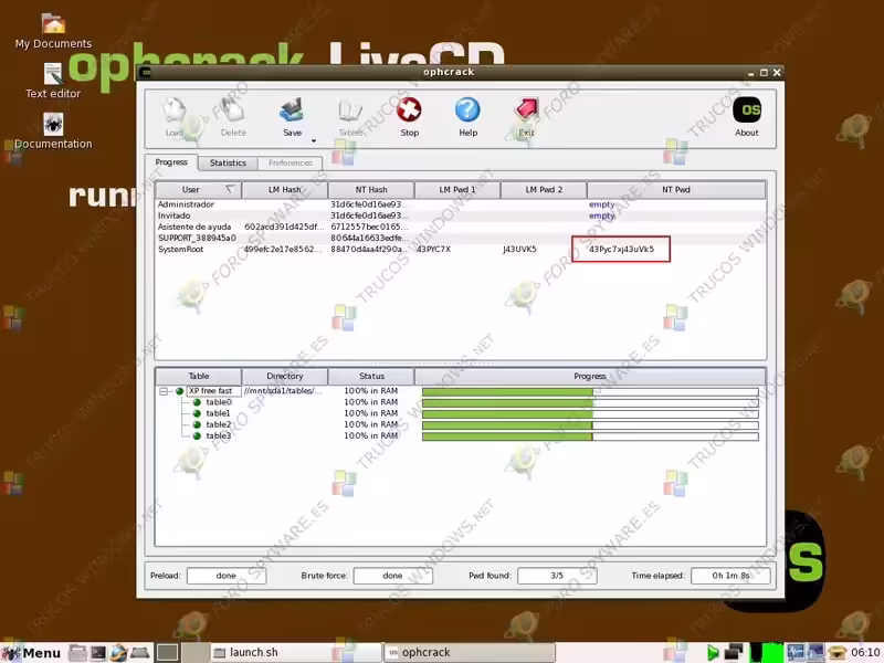 Recuperar contraseñas Windows con Ophcrack
